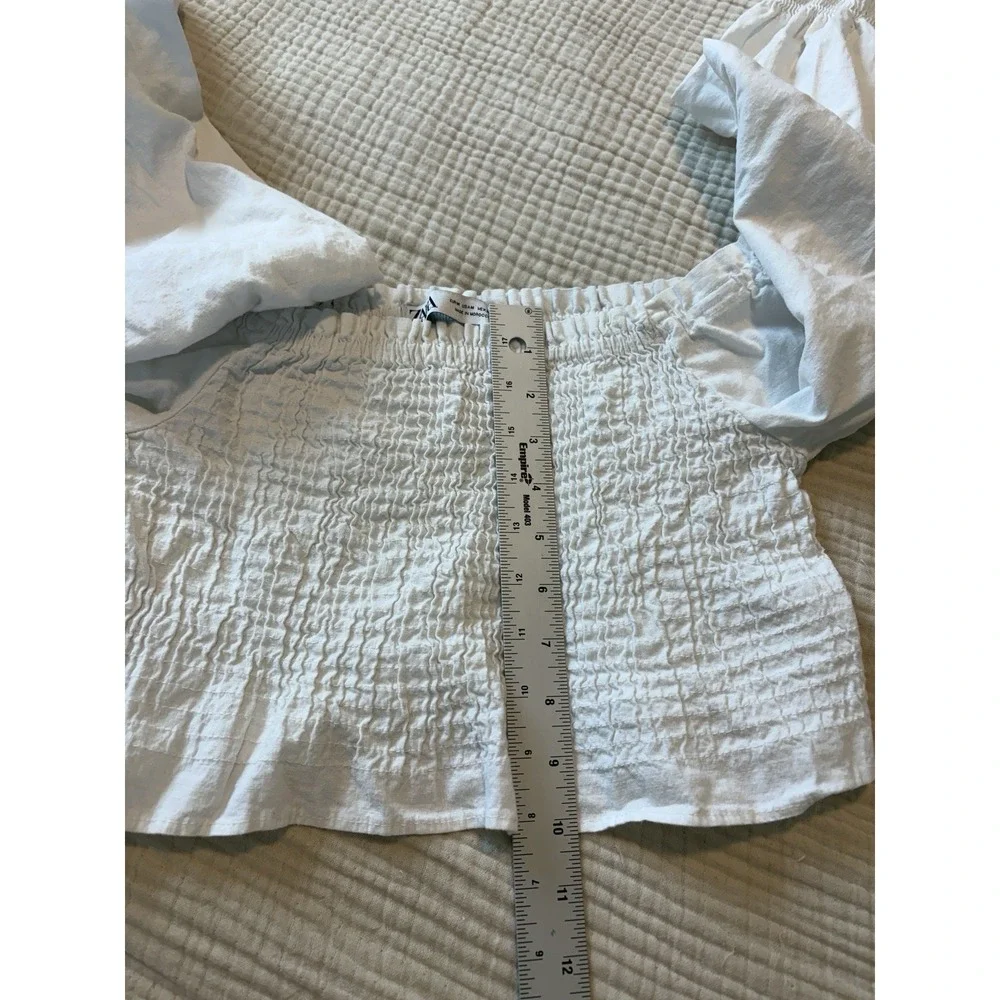 Zara White Smocked Puff Sleeve Ruffle Hem Crop Top Women Medium Coquette Cottage